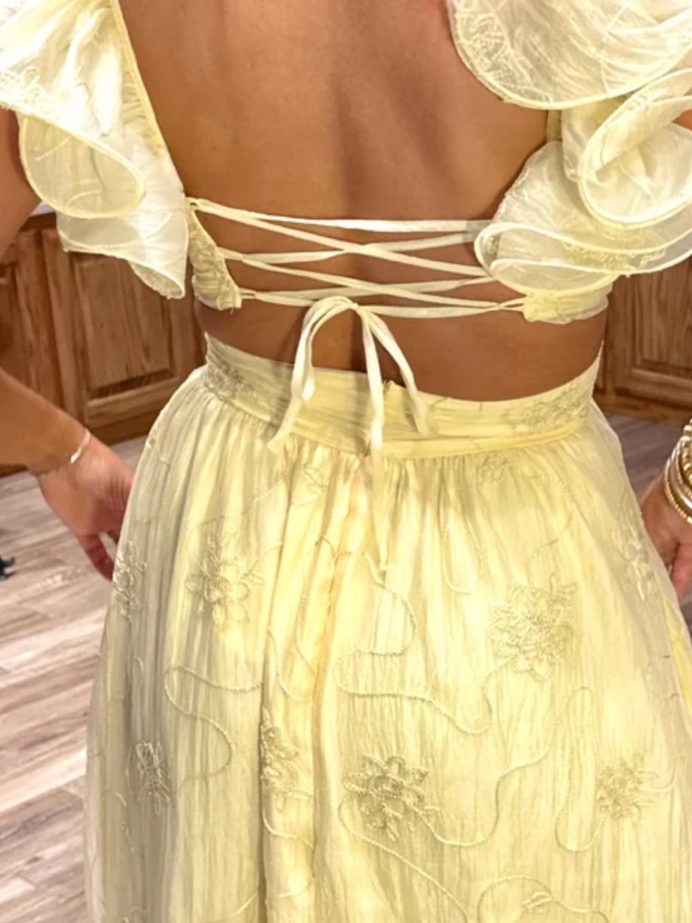 Yellow Ruffled Strap Maxi Dress Gold Embroidery Prom Dress Graduation - Picture 4 of 4